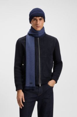 Knitted wool-cotton scarf and beanie hat gift set, Dark Blue