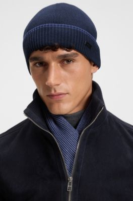 Knitted wool-cotton scarf and beanie hat gift set, Dark Blue