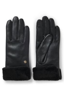 Leather gloves with faux-fur turn-up cuffs, Black
