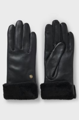Leather gloves with faux-fur turn-up cuffs, Black