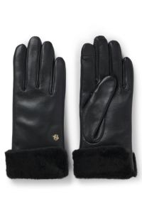 Leather gloves with faux-fur turn-up cuffs, Black
