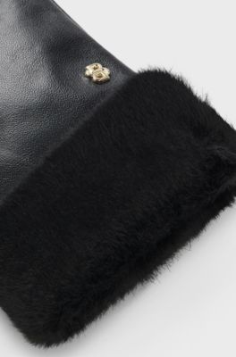 Leather gloves with faux-fur turn-up cuffs, Black