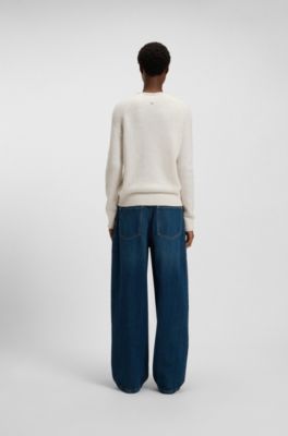 Wool-blend sweater with rolled collar and cuffs, White