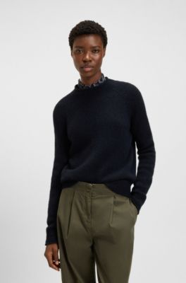 Pullover aus Woll-Mix mit gerolltem Ausschnitt und &Auml;rmelb&uuml;ndchen, Dunkelblau