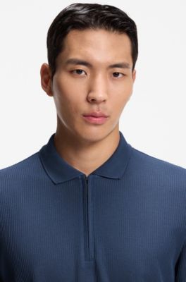 Structured-cotton polo shirt with zip placket, Dark Blue