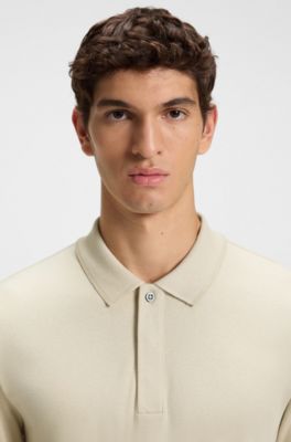Cotton-cashmere polo shirt with covered placket, Natural