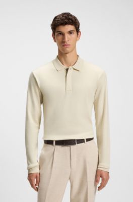 Cotton-cashmere polo shirt with covered placket, Natural