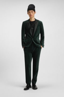 Slim-fit trousers in cotton velvet, Dark Green