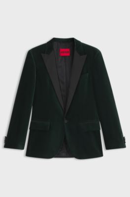 Slim-fit tuxedo jacket in cotton velvet, Dark Green