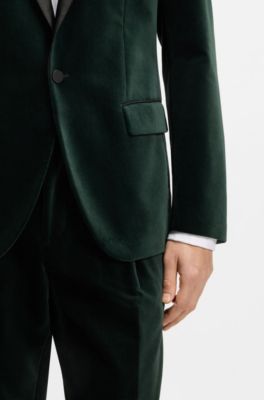 Slim fit-smokingkavaj i bomullssammet, M&ouml;rkgr&ouml;n