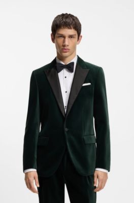 Slim-fit tuxedo jacket in cotton velvet, Dark Green