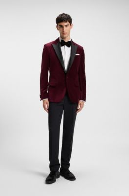 Slim-fit tuxedo jacket in cotton velvet, Dark Red