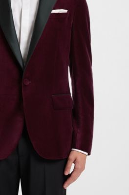 Slim-fit tuxedo jacket in cotton velvet, Dark Red