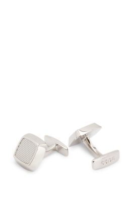 Square cufflinks with textured metal insert, Silver