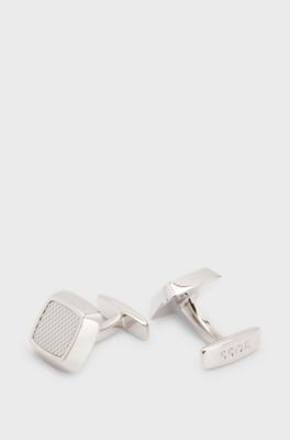 Square cufflinks with textured metal insert, Silver