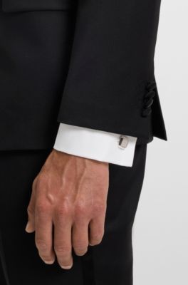 Square cufflinks with textured metal insert, Silver