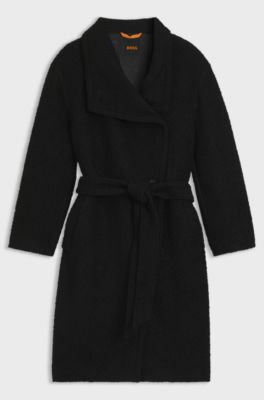 Boucl&eacute; coat with belt and stand collar, Black