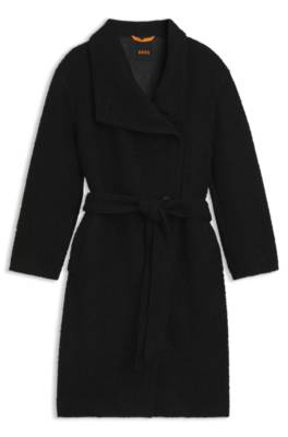 Bouclé coat with belt and stand collar