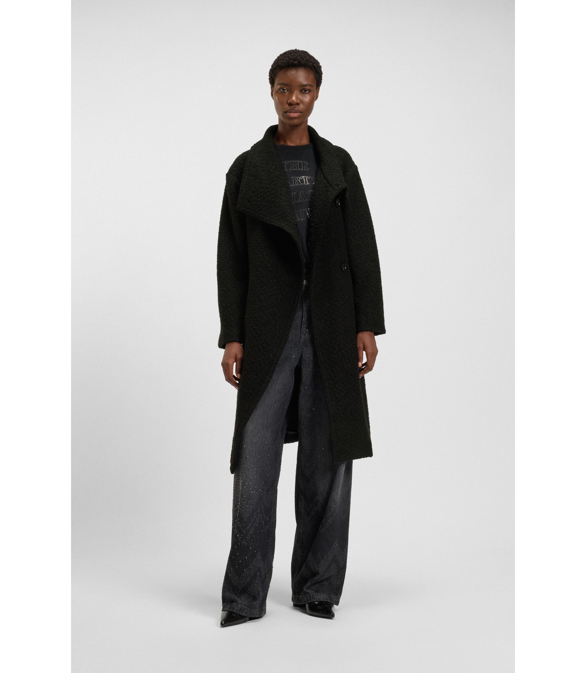 BOSS - Bouclé coat with belt and stand collar - Black