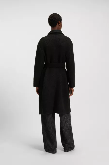 Bouclé coat with belt and stand collar