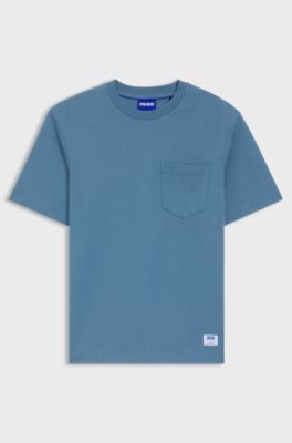 Cotton-jersey T-shirt with patch pocket and logo label, Blue