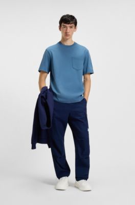 Cotton-jersey T-shirt with patch pocket and logo label, Blue