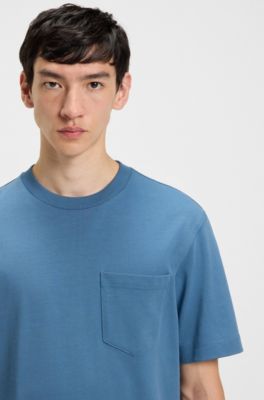 Cotton-jersey T-shirt with patch pocket and logo label, Blue