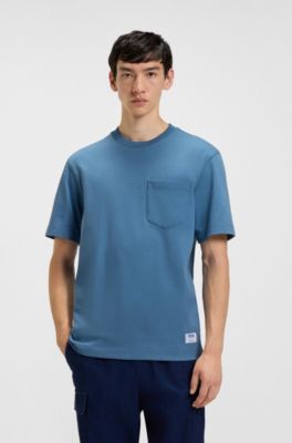T-shirt en jersey de coton avec poche plaqu&eacute;e et &eacute;tiquette logot&eacute;e, Bleu