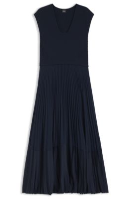 Knitted sleeveless dress with pliss&eacute; skirt, Dark Blue