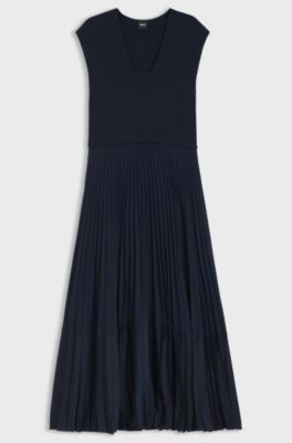 Knitted sleeveless dress with pliss&eacute; skirt, Dark Blue
