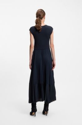 Knitted sleeveless dress with pliss&eacute; skirt, Dark Blue