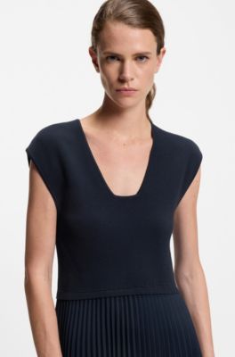 Knitted sleeveless dress with pliss&eacute; skirt, Dark Blue