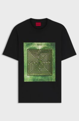 T-shirt in jersey di cotone con stampa con labirinto, Nero