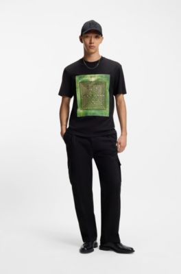 Cotton-jersey T-shirt with maze print, Black