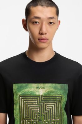 Cotton-jersey T-shirt with maze print, Black