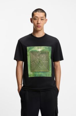 Cotton-jersey T-shirt with maze print, Black
