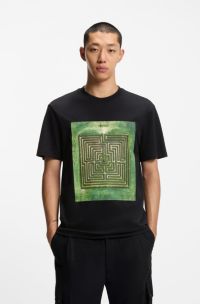 Cotton-jersey T-shirt with maze print, Black