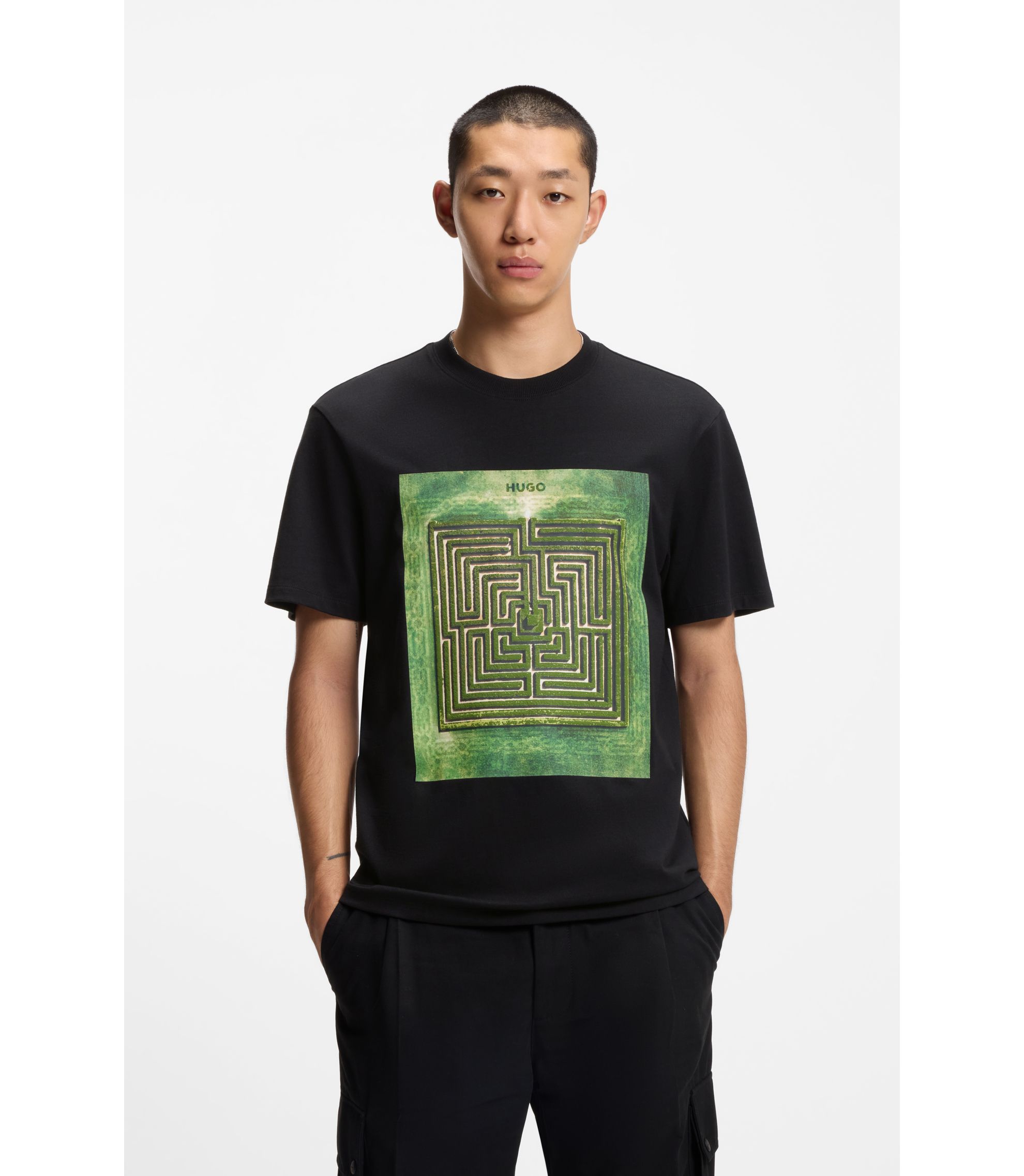 HUGO Cotton-jersey T-shirt with maze print Black