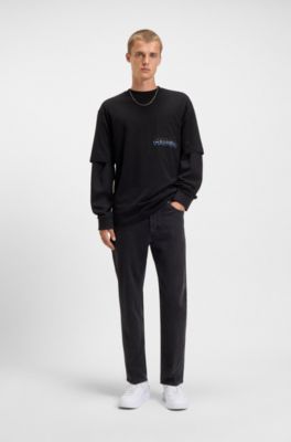 コットンジャージー Tシャツ オンブレロゴ エンブロイダリー, ブラック