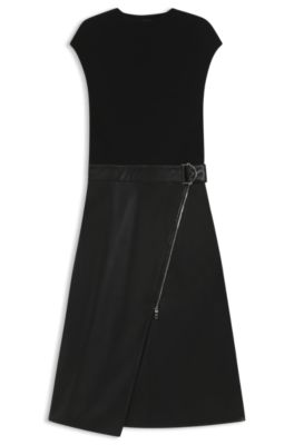 Hybrid stretch-knit and faux-leather dress with belt, Black