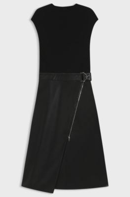 Hybrid stretch-knit and faux-leather dress with belt, Black