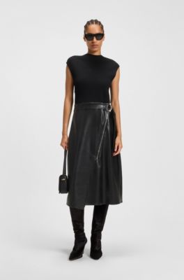 Hybrid stretch-knit and faux-leather dress with belt, Black