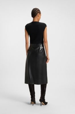 Hybrid stretch-knit and faux-leather dress with belt, Black