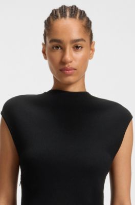 Hybrid stretch-knit and faux-leather dress with belt, Black