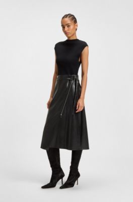 Hybrid stretch-knit and faux-leather dress with belt, Black
