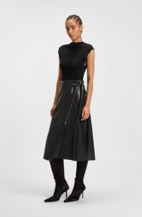 Hybrid stretch-knit and faux-leather dress with belt, Black