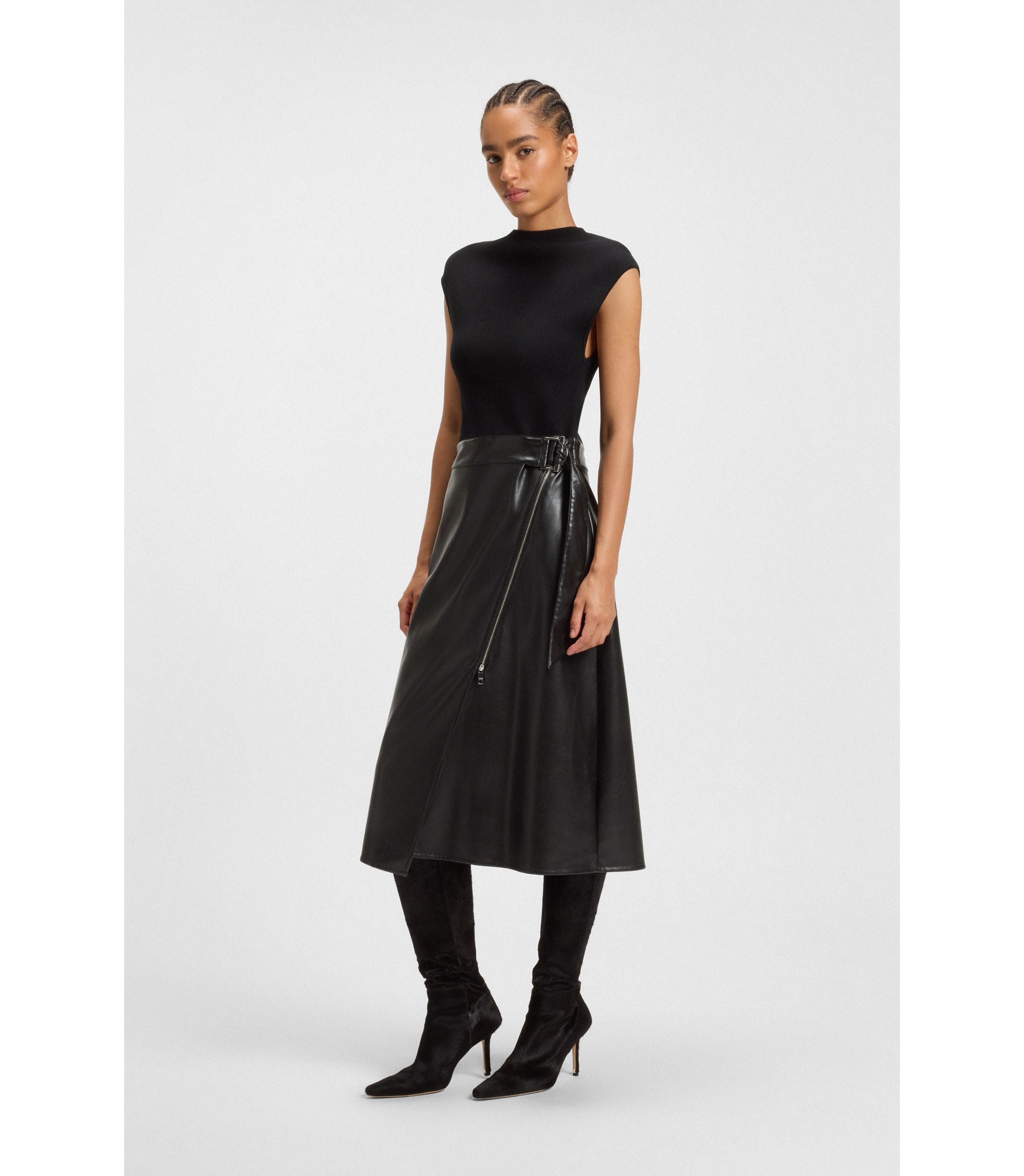 BOSS - Hybrid stretch-knit and faux-leather dress with belt - Black