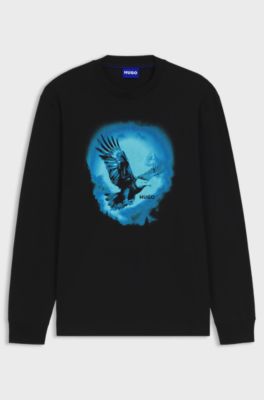 Cotton-jersey T-shirt with eagle print, Black