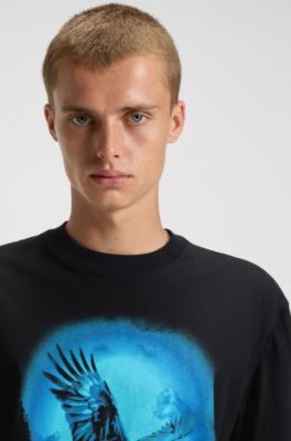 Cotton-jersey T-shirt with eagle print, Black