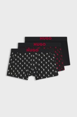 Three-pack of stretch-cotton trunks with logo waistbands, Black Patterned